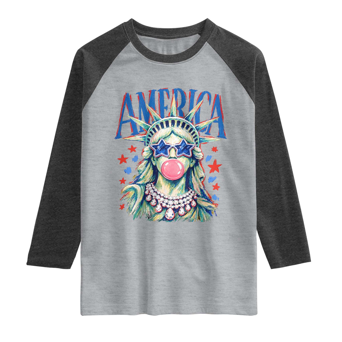 America Statue of Liberty Blowing Bubblegum Raglan Shirt Star and Glasses Patriotic Summer Vibes Graphic