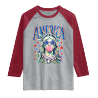America Statue of Liberty Blowing Bubblegum Raglan Shirt Star and Glasses Patriotic Summer Vibes Graphic