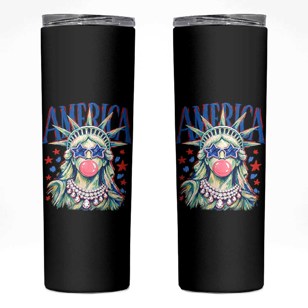America Statue of Liberty Blowing Bubblegum Skinny Tumbler Star and Glasses Patriotic Summer Vibes Graphic