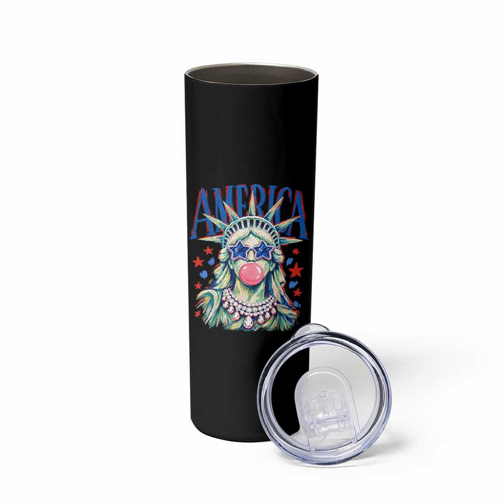 America Statue of Liberty Blowing Bubblegum Skinny Tumbler Star and Glasses Patriotic Summer Vibes Graphic