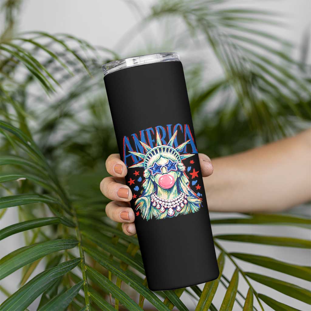 America Statue of Liberty Blowing Bubblegum Skinny Tumbler Star and Glasses Patriotic Summer Vibes Graphic