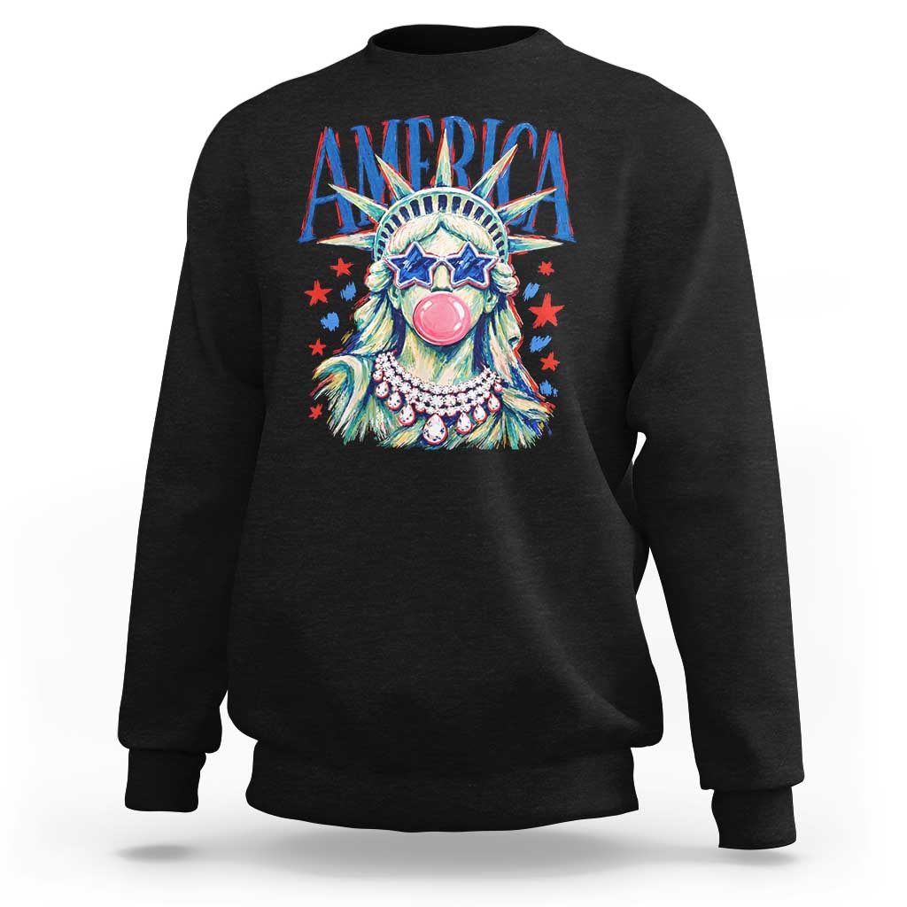 America Statue of Liberty Blowing Bubblegum Sweatshirt Star and Glasses Patriotic Summer Vibes Graphic
