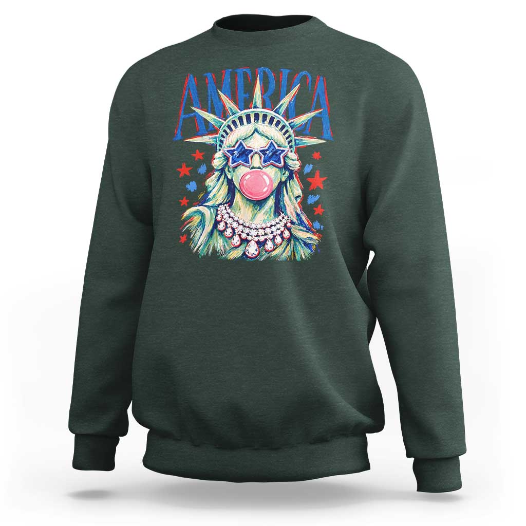 America Statue of Liberty Blowing Bubblegum Sweatshirt Star and Glasses Patriotic Summer Vibes Graphic