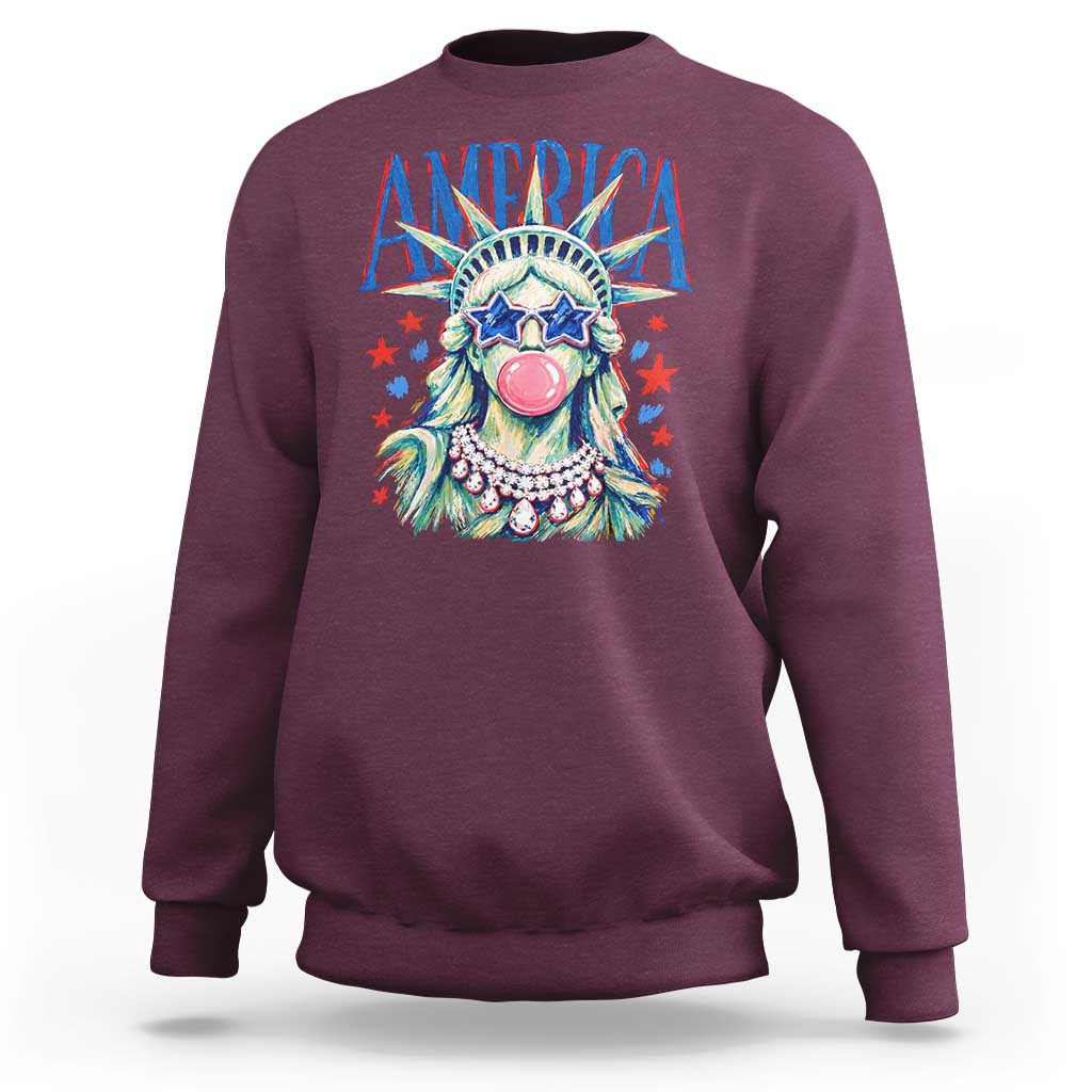 America Statue of Liberty Blowing Bubblegum Sweatshirt Star and Glasses Patriotic Summer Vibes Graphic