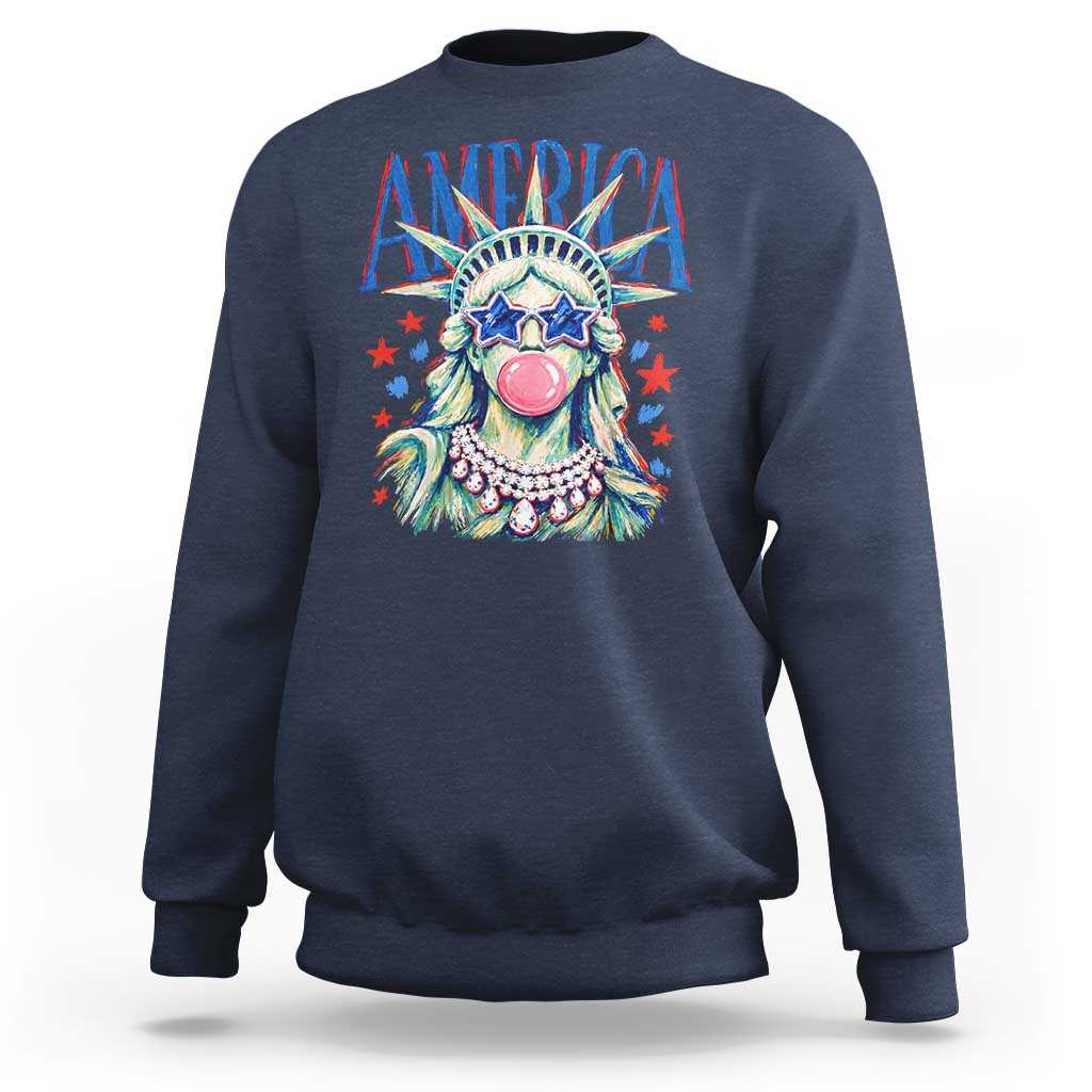 America Statue of Liberty Blowing Bubblegum Sweatshirt Star and Glasses Patriotic Summer Vibes Graphic