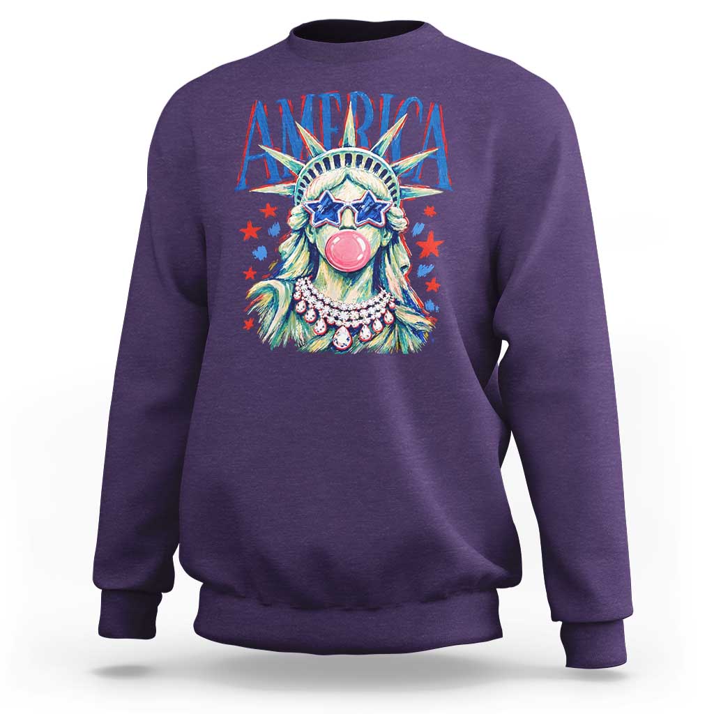 America Statue of Liberty Blowing Bubblegum Sweatshirt Star and Glasses Patriotic Summer Vibes Graphic