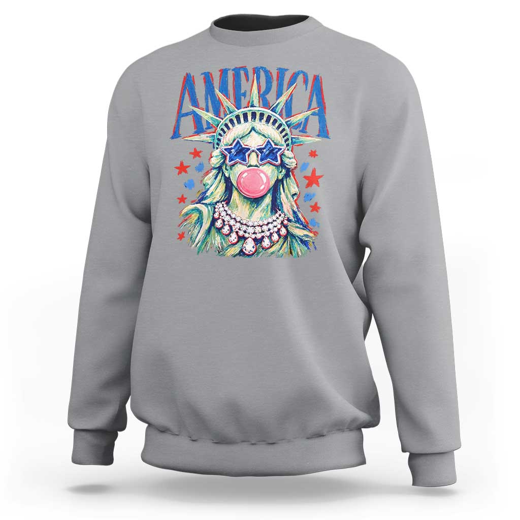 America Statue of Liberty Blowing Bubblegum Sweatshirt Star and Glasses Patriotic Summer Vibes Graphic