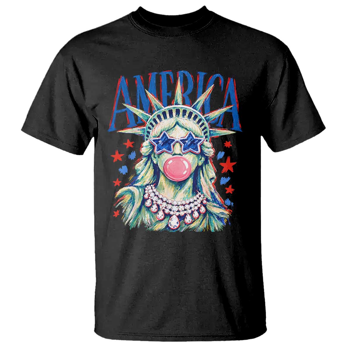 America Statue of Liberty Blowing Bubblegum T Shirt Star and Glasses Patriotic Summer Vibes Graphic