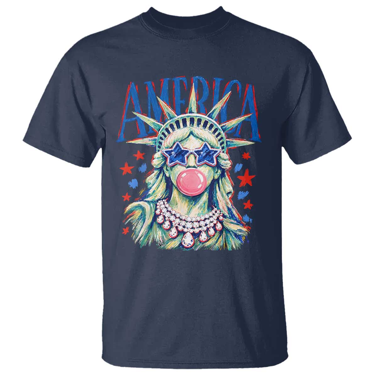 America Statue of Liberty Blowing Bubblegum T Shirt Star and Glasses Patriotic Summer Vibes Graphic