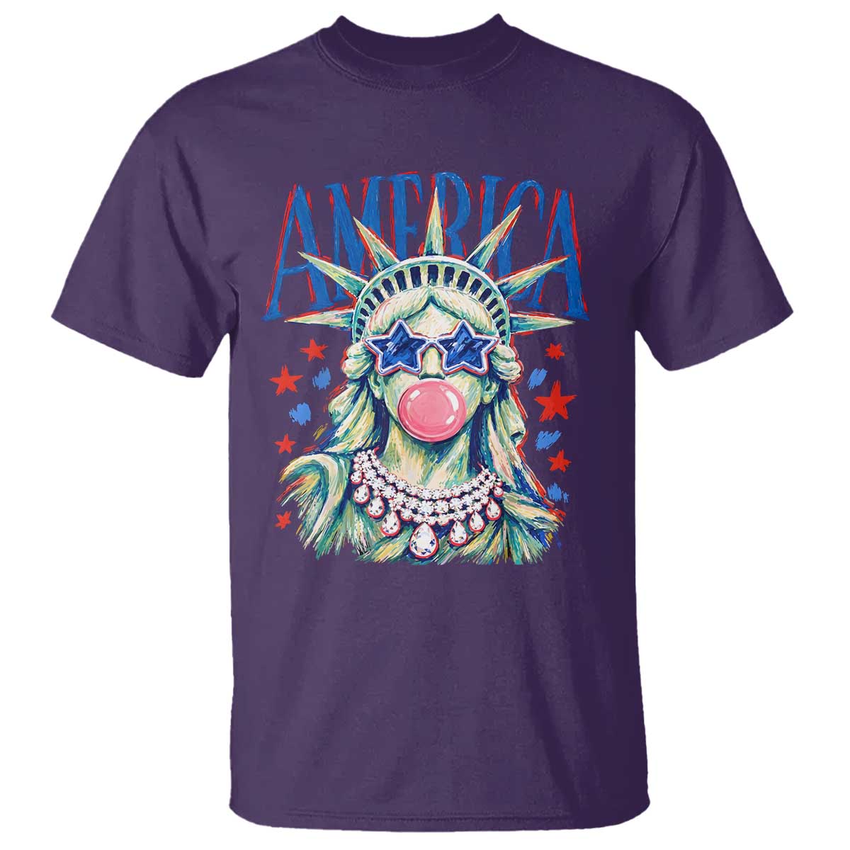 America Statue of Liberty Blowing Bubblegum T Shirt Star and Glasses Patriotic Summer Vibes Graphic