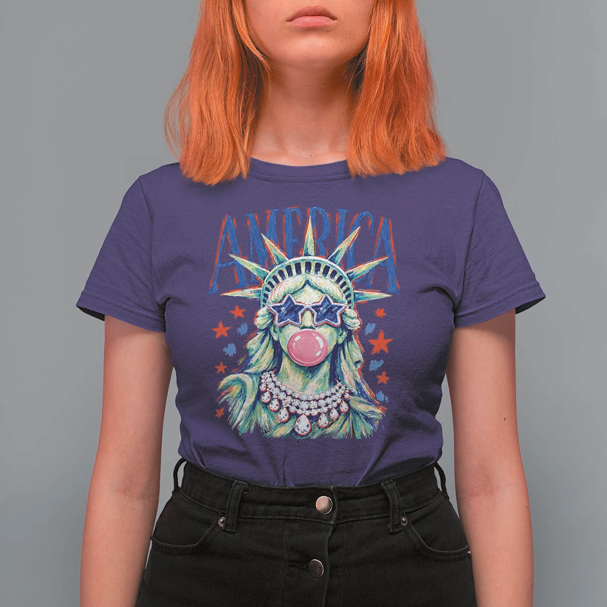 America Statue of Liberty Blowing Bubblegum T Shirt For Women Star and Glasses Patriotic Summer Vibes Graphic