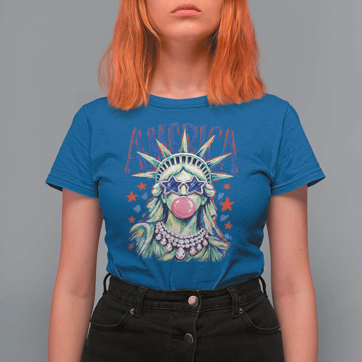 America Statue of Liberty Blowing Bubblegum T Shirt For Women Star and Glasses Patriotic Summer Vibes Graphic