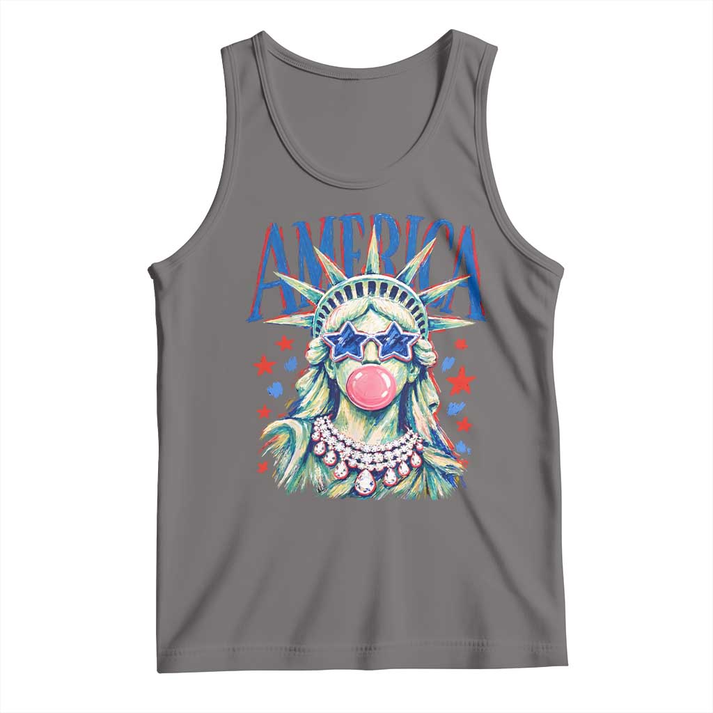 America Statue of Liberty Blowing Bubblegum Tank Top Star and Glasses Patriotic Summer Vibes Graphic