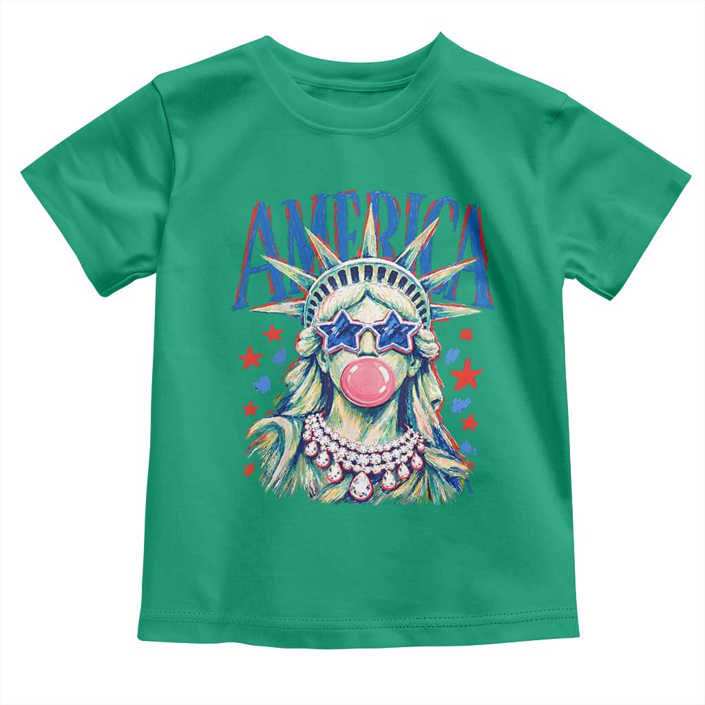 America Statue of Liberty Blowing Bubblegum Toddler T Shirt Star and Glasses Patriotic Summer Vibes Graphic