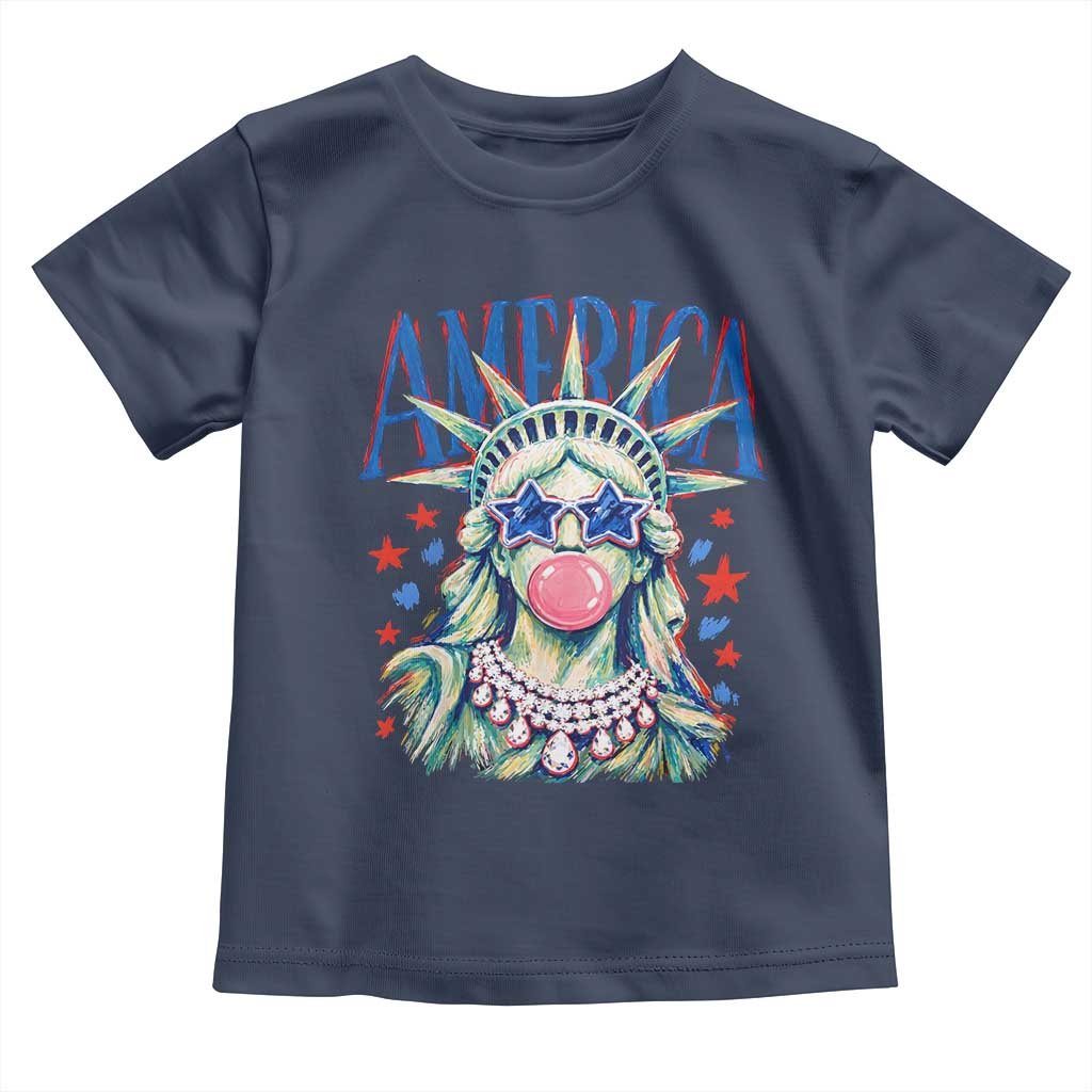 America Statue of Liberty Blowing Bubblegum Toddler T Shirt Star and Glasses Patriotic Summer Vibes Graphic