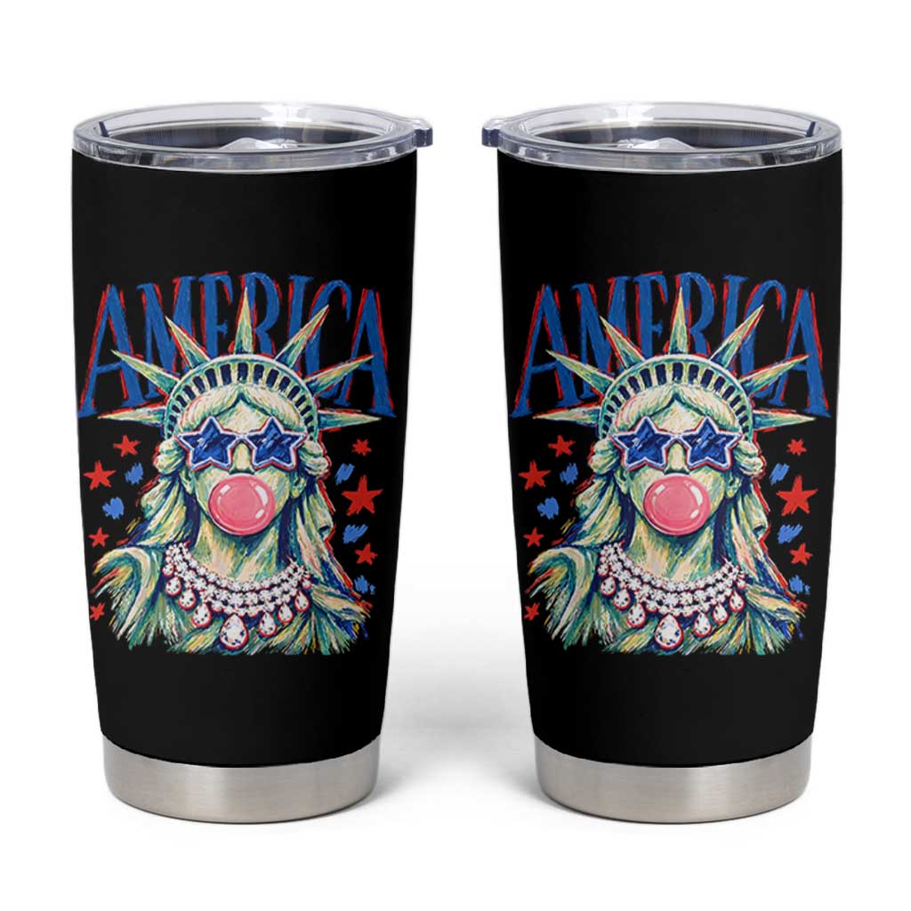 America Statue of Liberty Blowing Bubblegum Tumbler Cup Star and Glasses Patriotic Summer Vibes Graphic