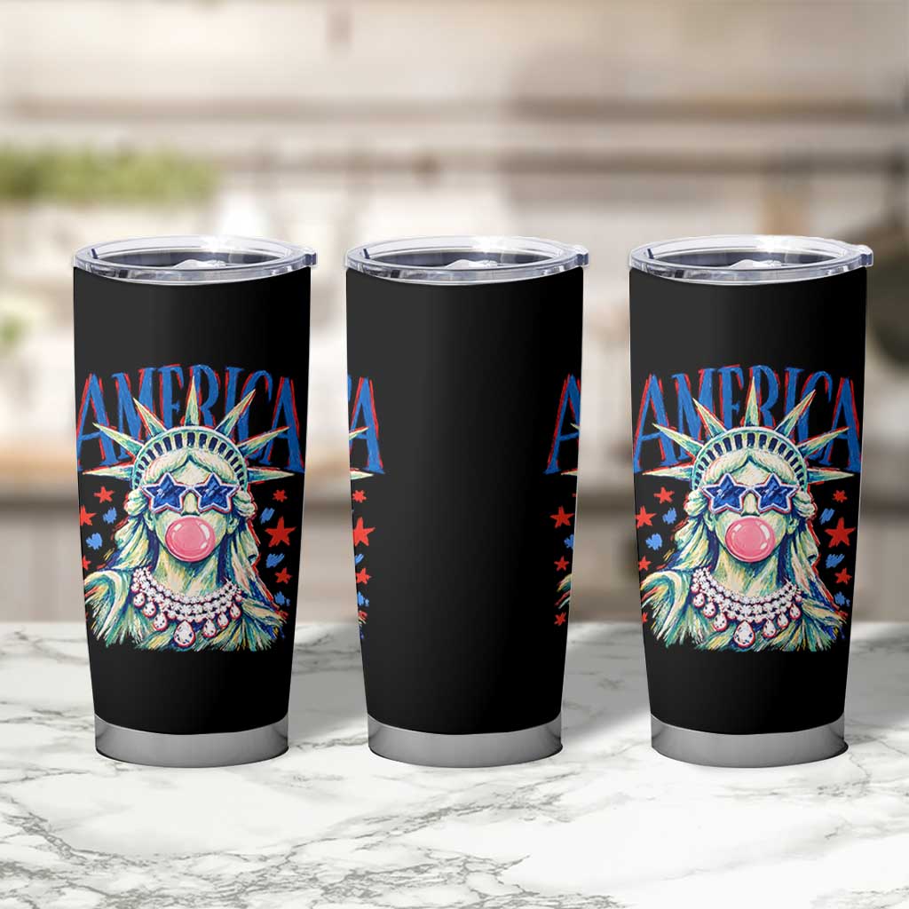 America Statue of Liberty Blowing Bubblegum Tumbler Cup Star and Glasses Patriotic Summer Vibes Graphic