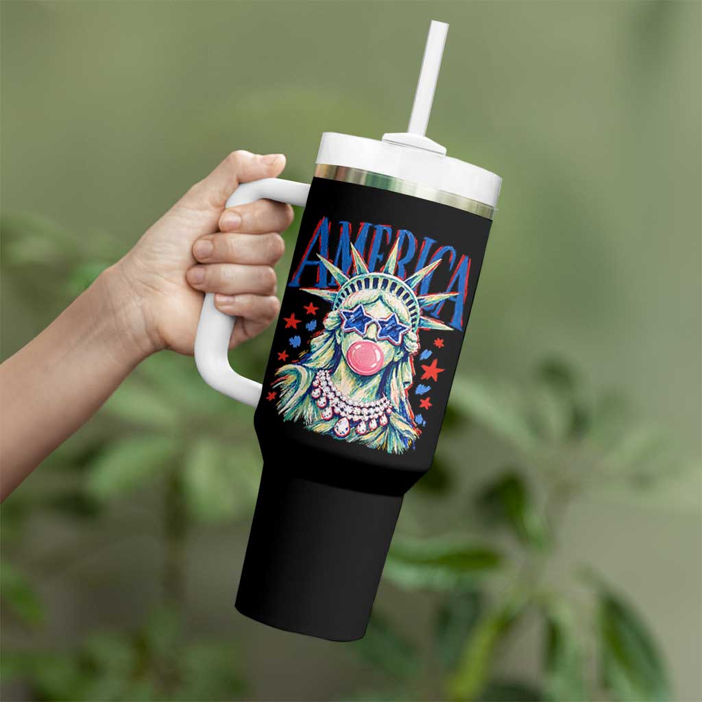 America Statue of Liberty Blowing Bubblegum Tumbler With Handle Star and Glasses Patriotic Summer Vibes Graphic