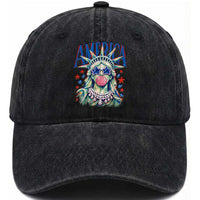 America Statue of Liberty Blowing Bubblegum Washed Cotton Baseball Cap Star and Glasses Patriotic Summer Vibes Graphic