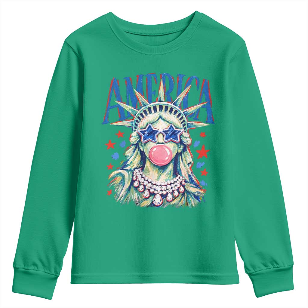 America Statue of Liberty Blowing Bubblegum Youth Sweatshirt Star and Glasses Patriotic Summer Vibes Graphic