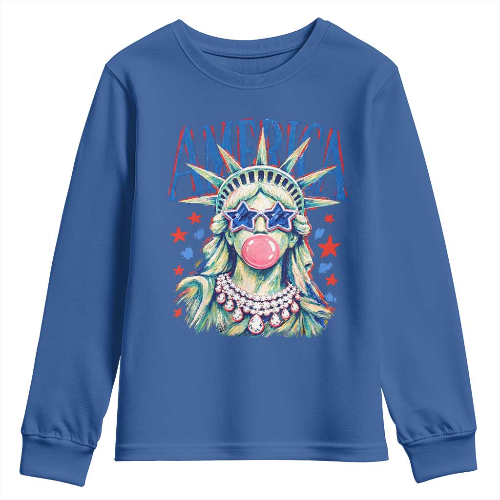 America Statue of Liberty Blowing Bubblegum Youth Sweatshirt Star and Glasses Patriotic Summer Vibes Graphic