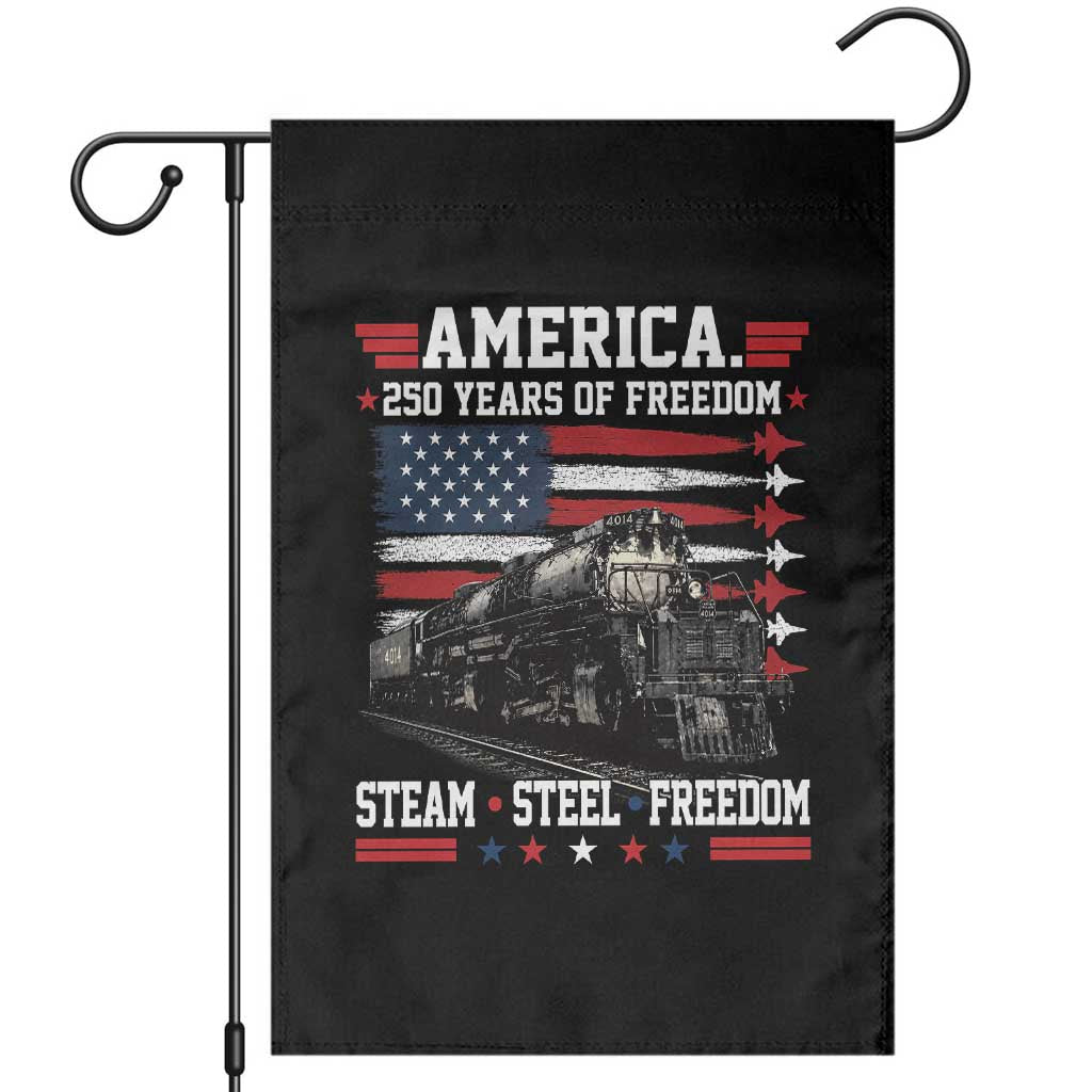 Steam Steel Freedom Stainless American Spirit Garden Flag 250 Years USA Railroad Legend Patriotic Military Jet Flyover Graphic