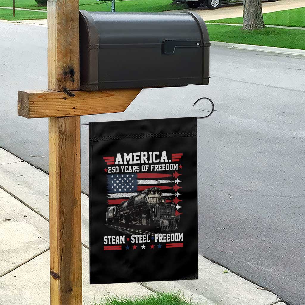 Steam Steel Freedom Stainless American Spirit Garden Flag 250 Years USA Railroad Legend Patriotic Military Jet Flyover Graphic