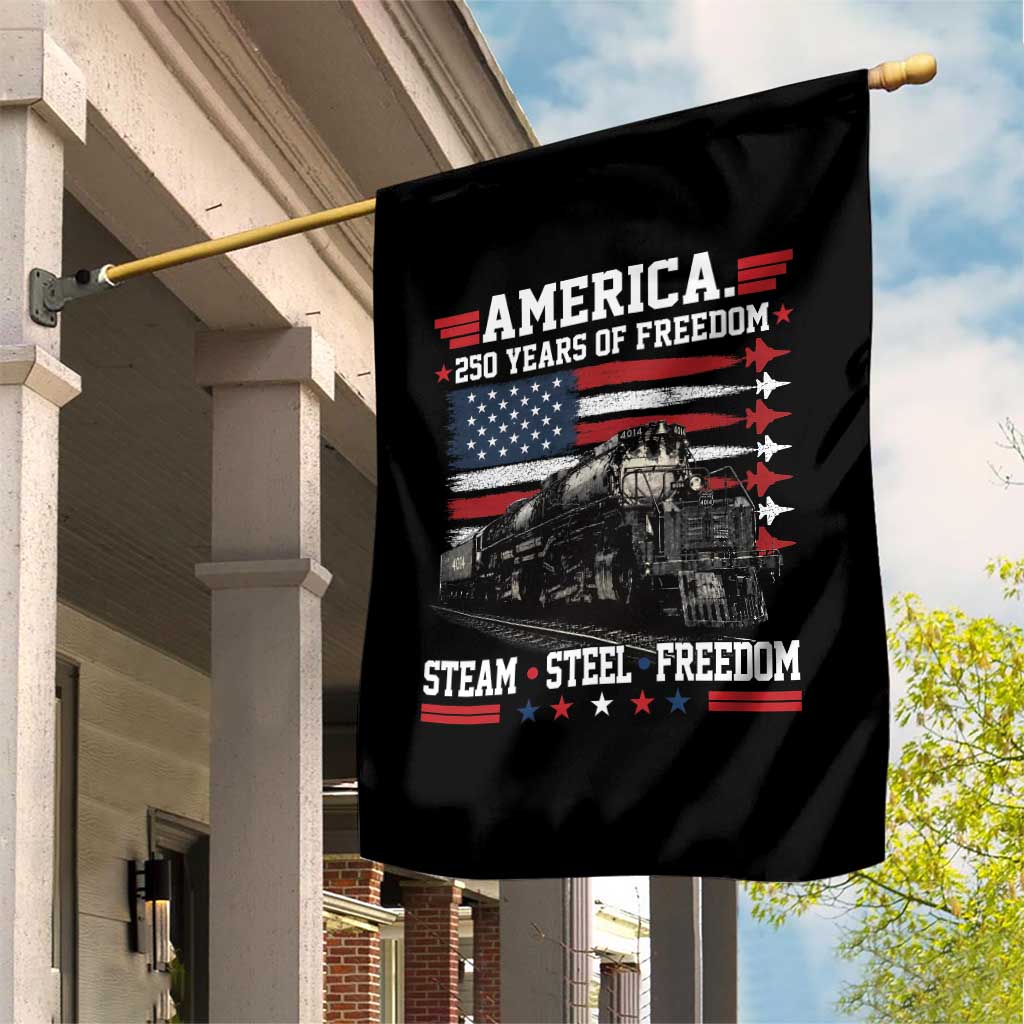 Steam Steel Freedom Stainless American Spirit Garden Flag 250 Years USA Railroad Legend Patriotic Military Jet Flyover Graphic