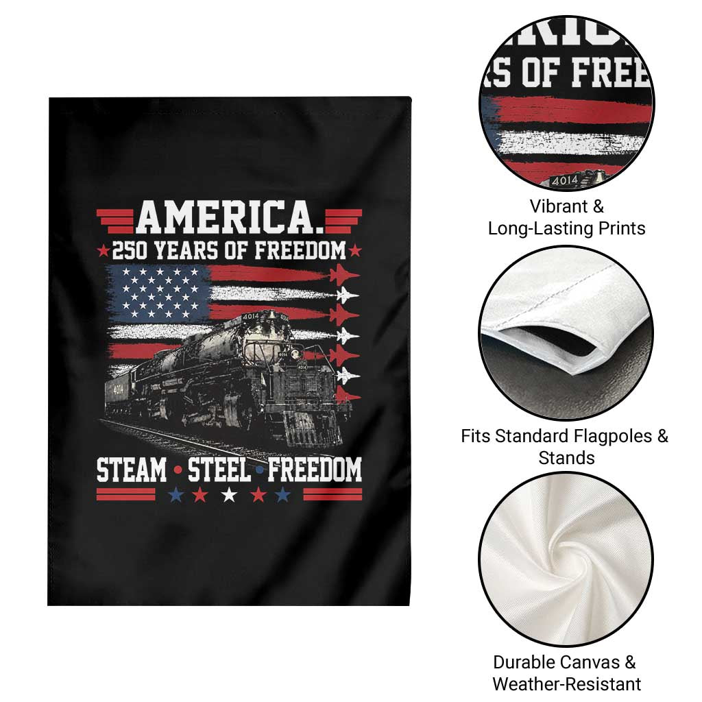 Steam Steel Freedom Stainless American Spirit Garden Flag 250 Years USA Railroad Legend Patriotic Military Jet Flyover Graphic
