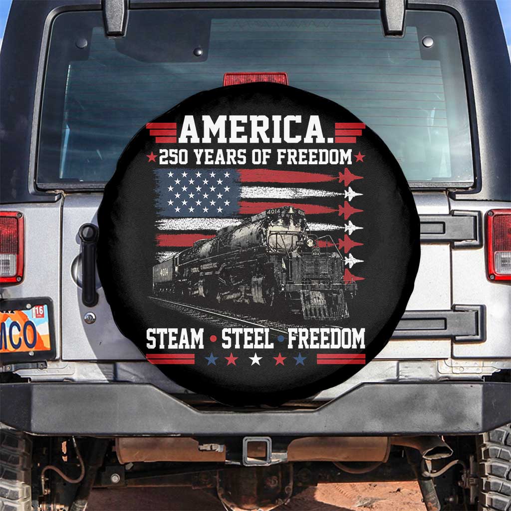 Steam Steel Freedom Stainless American Spirit Spare Tire Cover 250 Years USA Railroad Legend Patriotic Military Jet Flyover Graphic