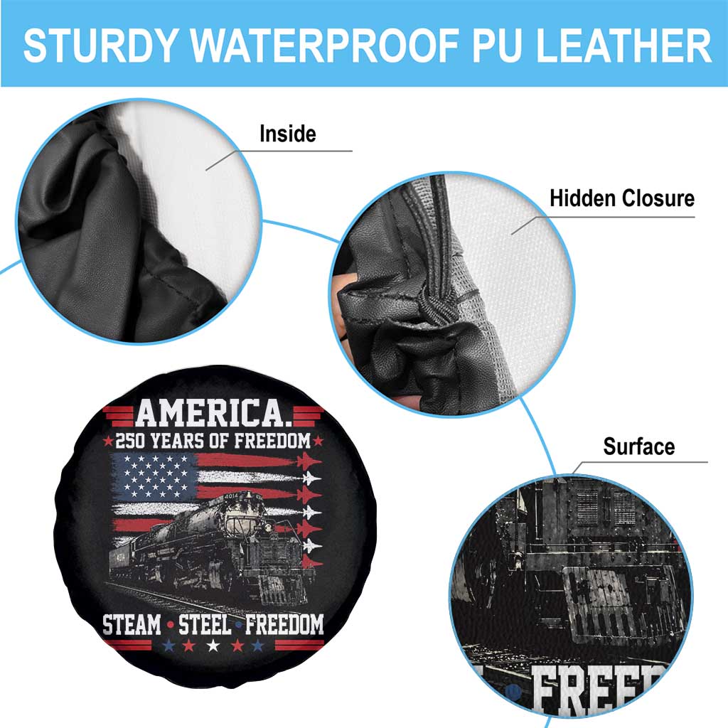 Steam Steel Freedom Stainless American Spirit Spare Tire Cover 250 Years USA Railroad Legend Patriotic Military Jet Flyover Graphic