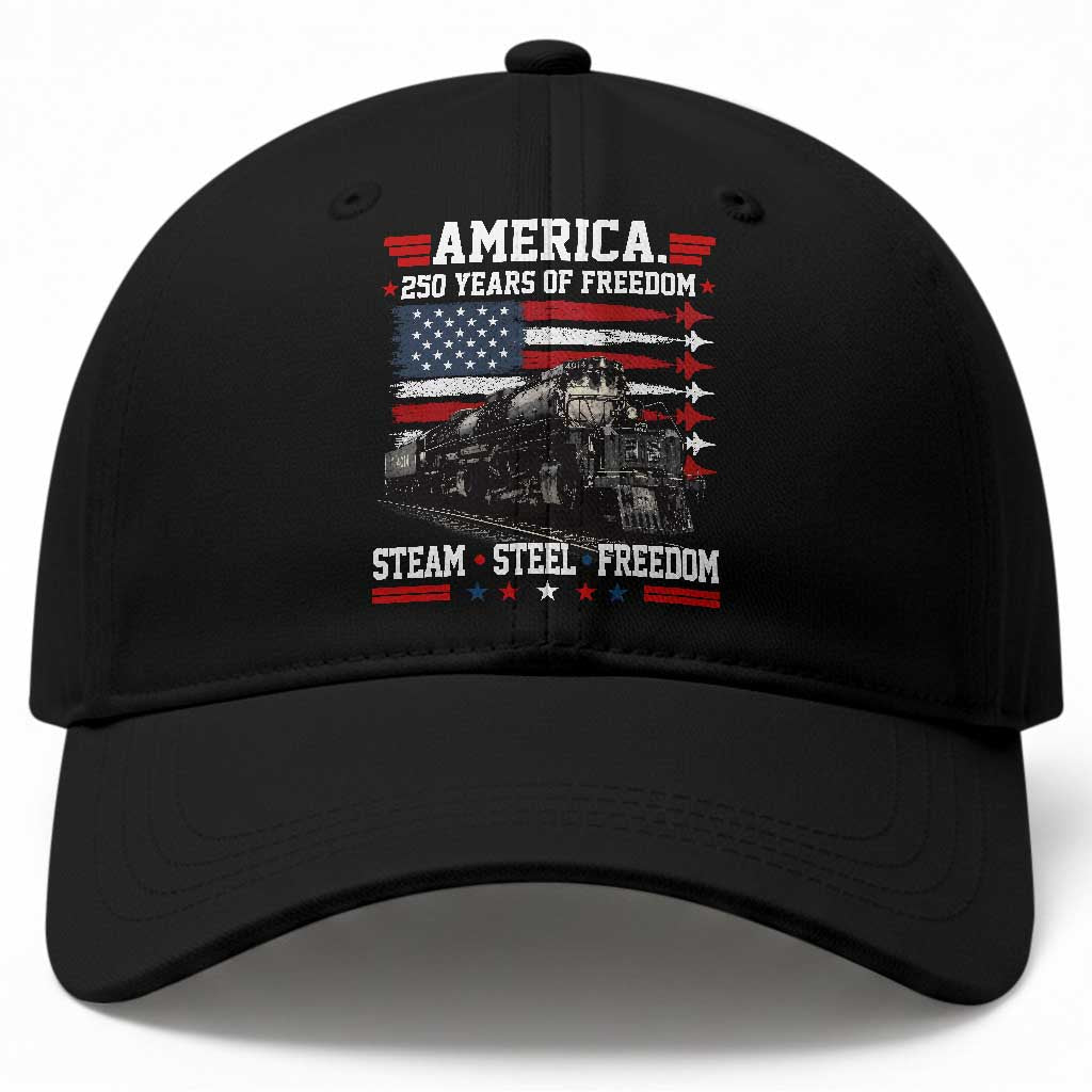 Steam Steel Freedom Stainless American Spirit Baseball Cap 250 Years USA Railroad Legend Patriotic Military Jet Flyover Graphic