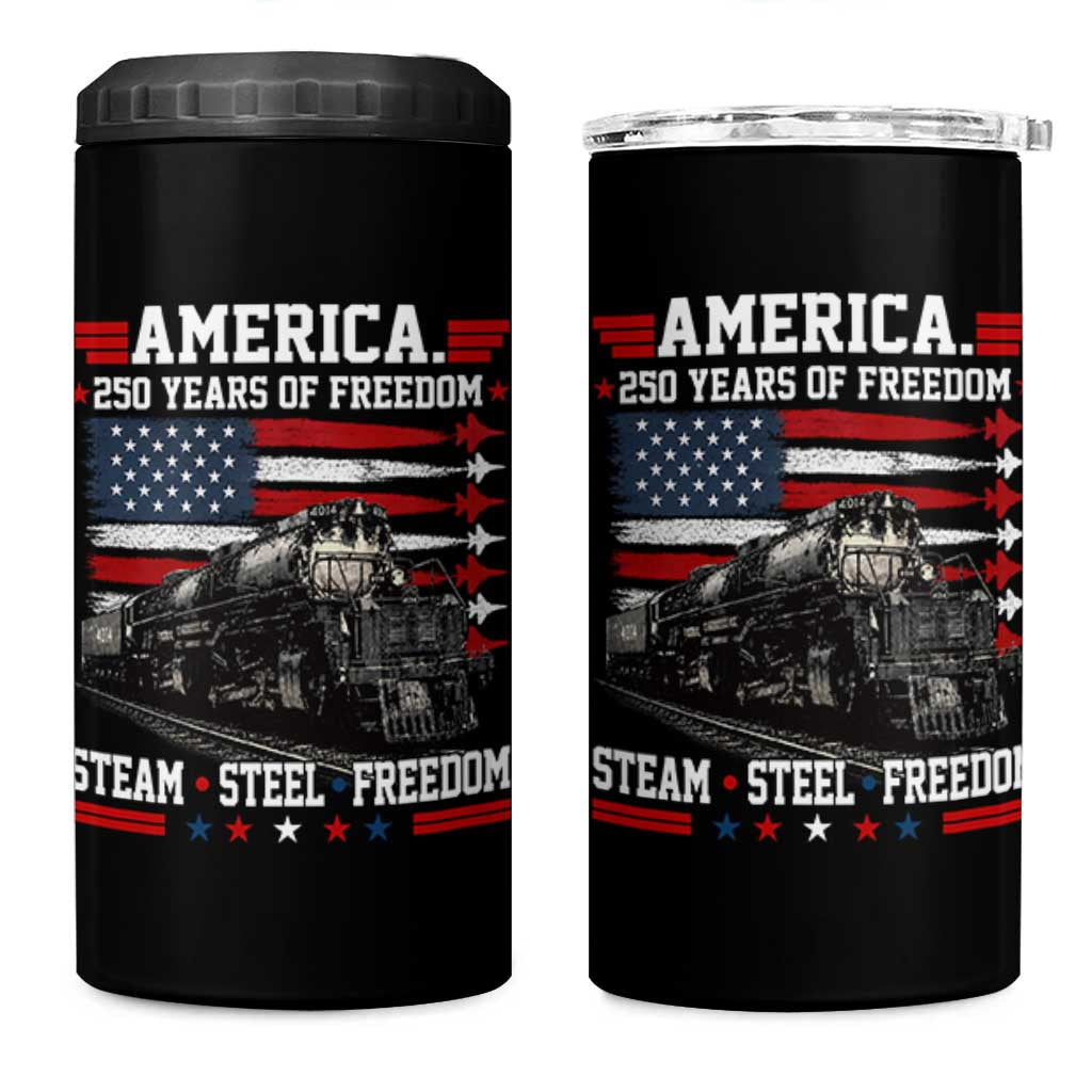 Steam Steel Freedom Stainless American Spirit 4 in 1 Can Cooler Tumbler 250 Years USA Railroad Legend Patriotic Military Jet Flyover Graphic