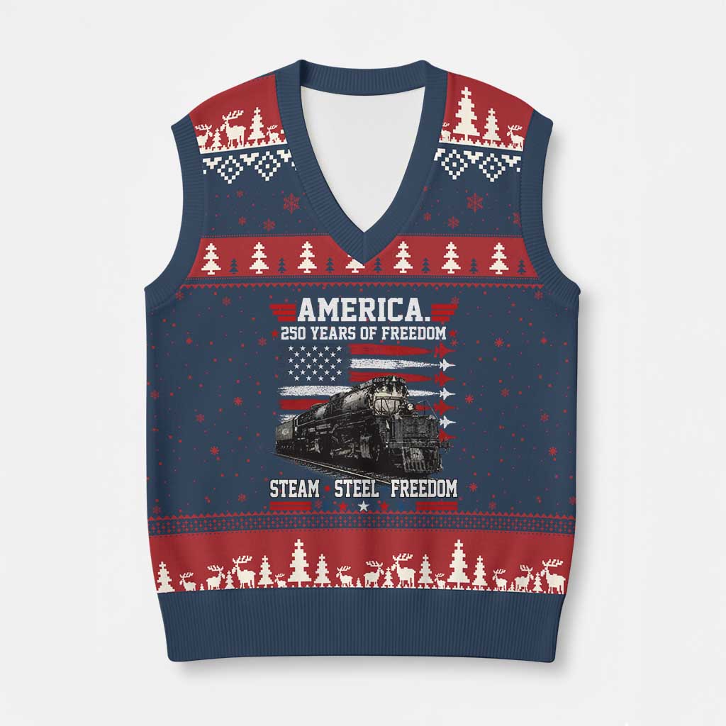 Steam Steel Freedom Stainless American Spirit V-Neck Knit Sweater Vest 250 Years USA Railroad Legend Patriotic Military Jet Flyover Graphic
