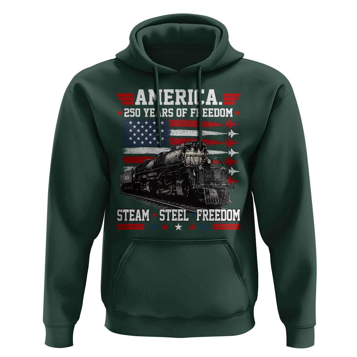 Steam Steel Freedom Stainless American Spirit Hoodie 250 Years USA Railroad Legend Patriotic Military Jet Flyover Graphic