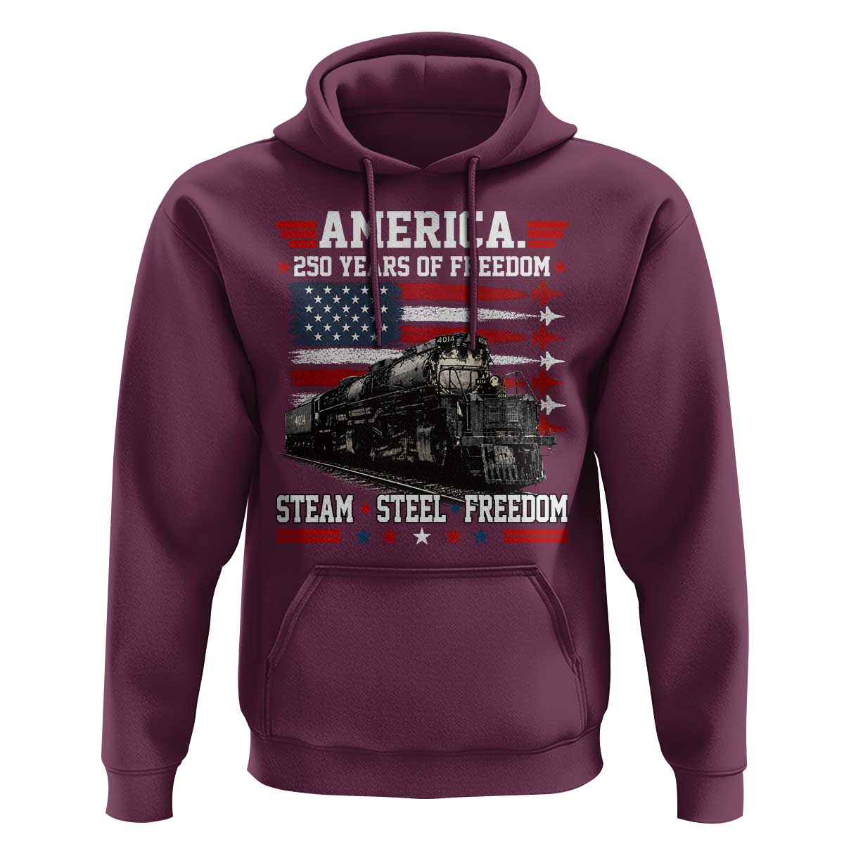 Steam Steel Freedom Stainless American Spirit Hoodie 250 Years USA Railroad Legend Patriotic Military Jet Flyover Graphic