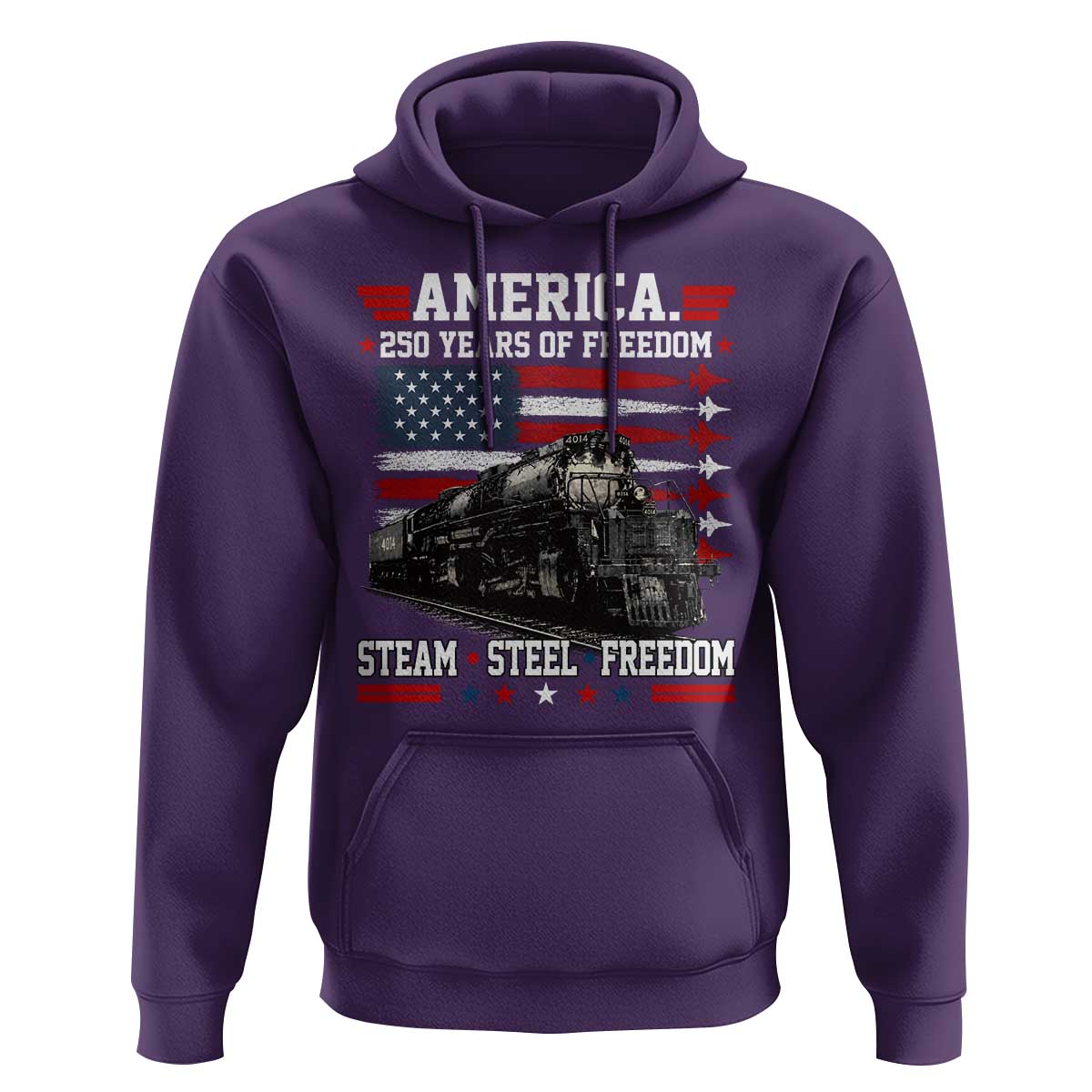 Steam Steel Freedom Stainless American Spirit Hoodie 250 Years USA Railroad Legend Patriotic Military Jet Flyover Graphic