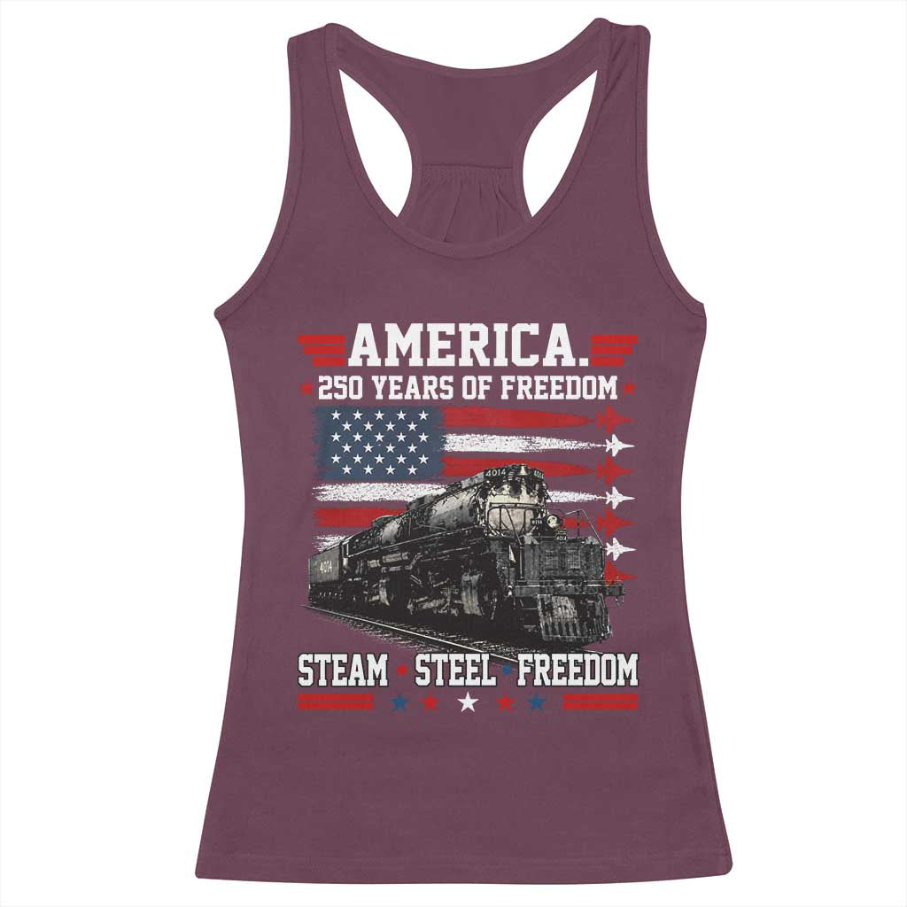 Steam Steel Freedom Stainless American Spirit Racerback Tank Top 250 Years USA Railroad Legend Patriotic Military Jet Flyover Graphic