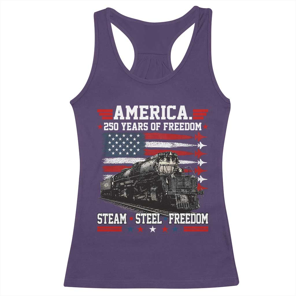 Steam Steel Freedom Stainless American Spirit Racerback Tank Top 250 Years USA Railroad Legend Patriotic Military Jet Flyover Graphic