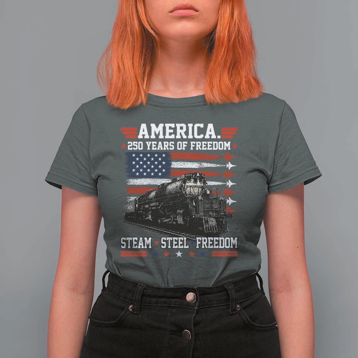 Steam Steel Freedom Stainless American Spirit T Shirt For Women 250 Years USA Railroad Legend Patriotic Military Jet Flyover Graphic