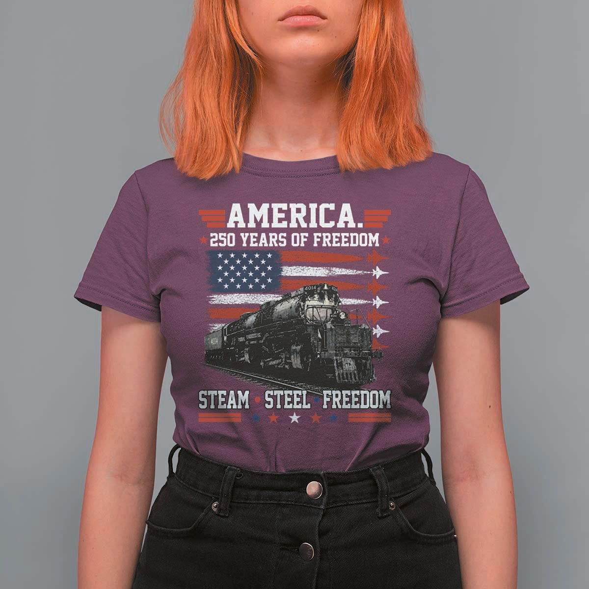 Steam Steel Freedom Stainless American Spirit T Shirt For Women 250 Years USA Railroad Legend Patriotic Military Jet Flyover Graphic