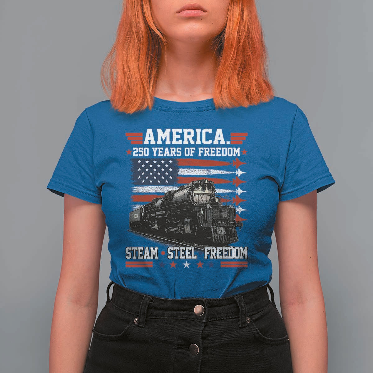 Steam Steel Freedom Stainless American Spirit T Shirt For Women 250 Years USA Railroad Legend Patriotic Military Jet Flyover Graphic