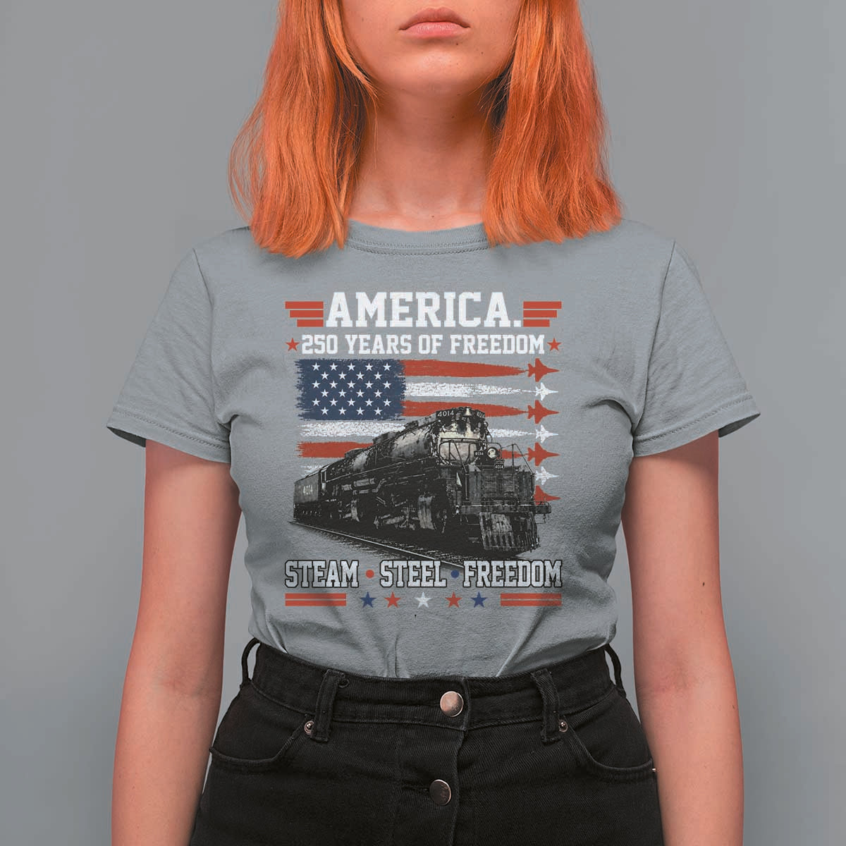 Steam Steel Freedom Stainless American Spirit T Shirt For Women 250 Years USA Railroad Legend Patriotic Military Jet Flyover Graphic