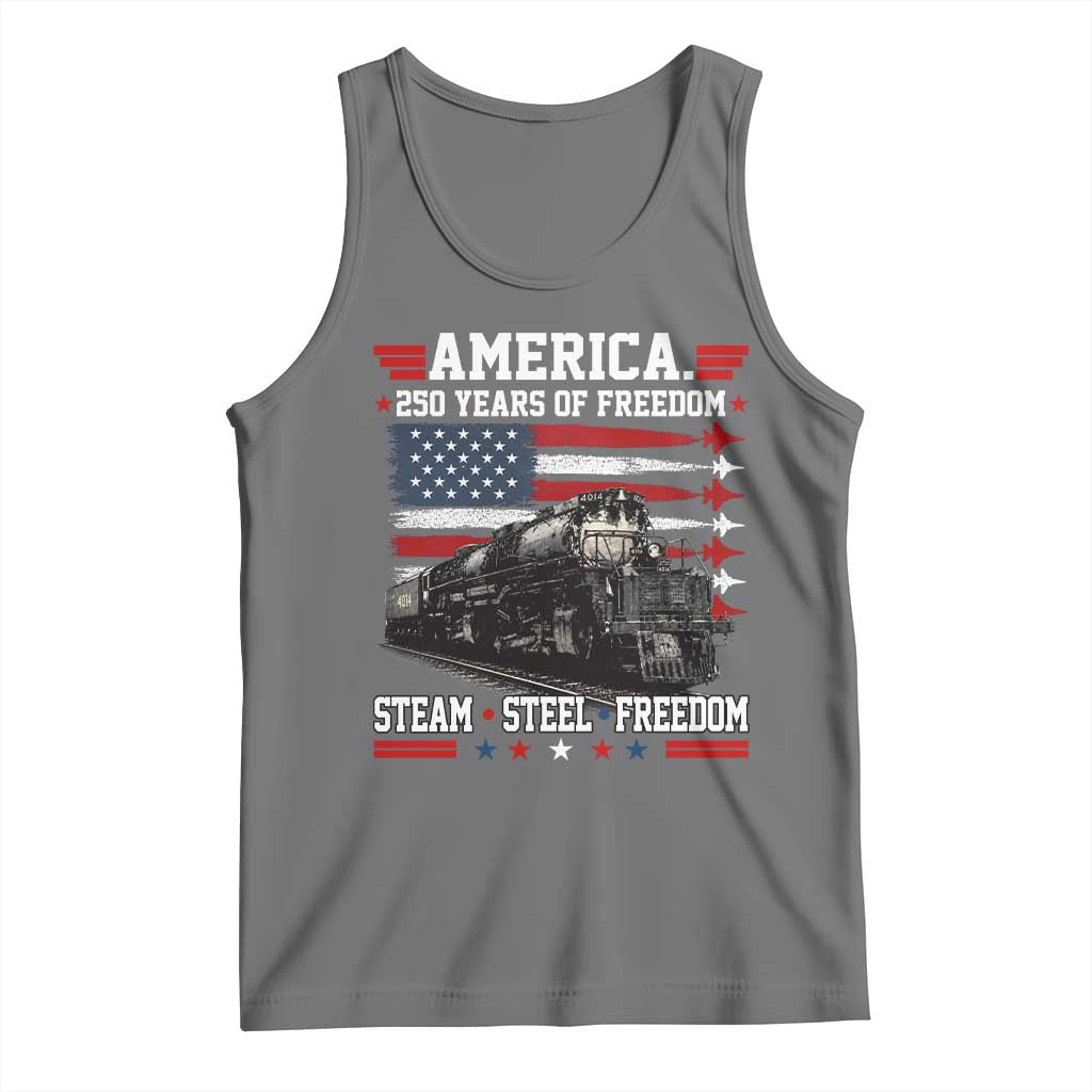 Steam Steel Freedom Stainless American Spirit Tank Top 250 Years USA Railroad Legend Patriotic Military Jet Flyover Graphic