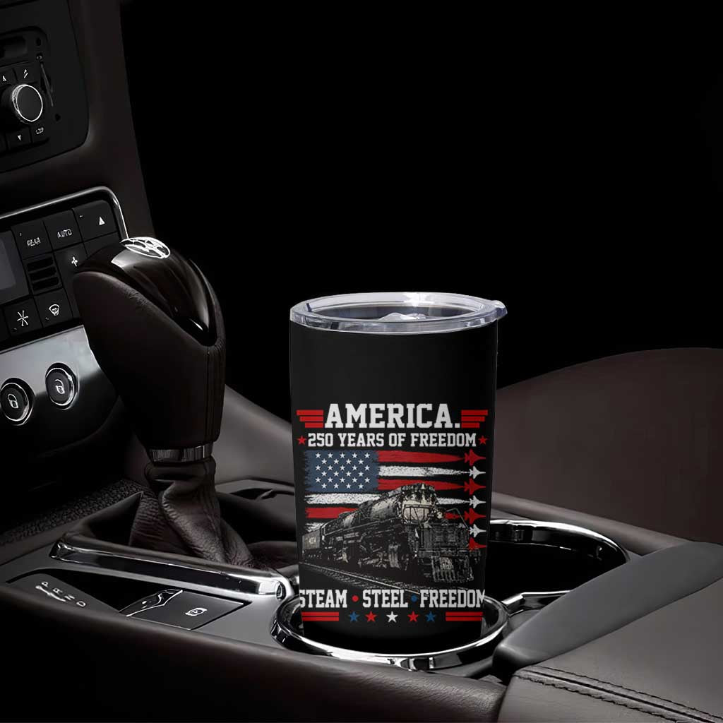 Steam Steel Freedom Stainless American Spirit Tumbler Cup 250 Years USA Railroad Legend Patriotic Military Jet Flyover Graphic