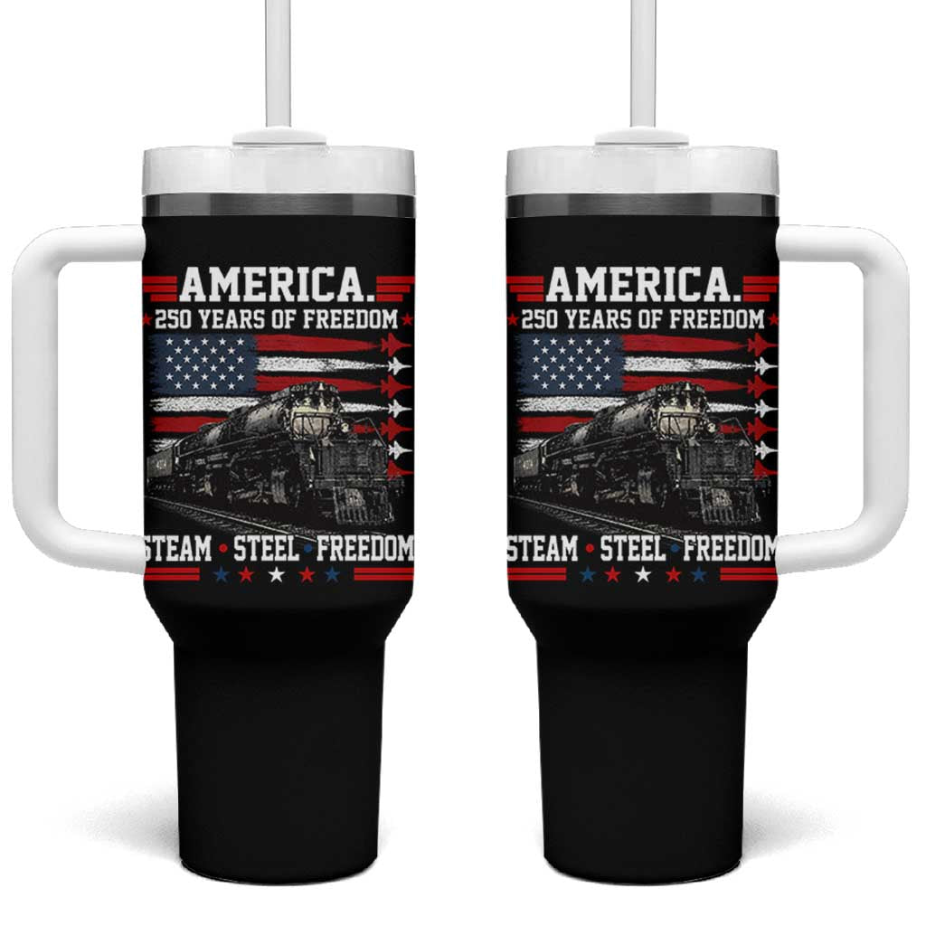 Steam Steel Freedom Stainless American Spirit Tumbler With Handle 250 Years USA Railroad Legend Patriotic Military Jet Flyover Graphic