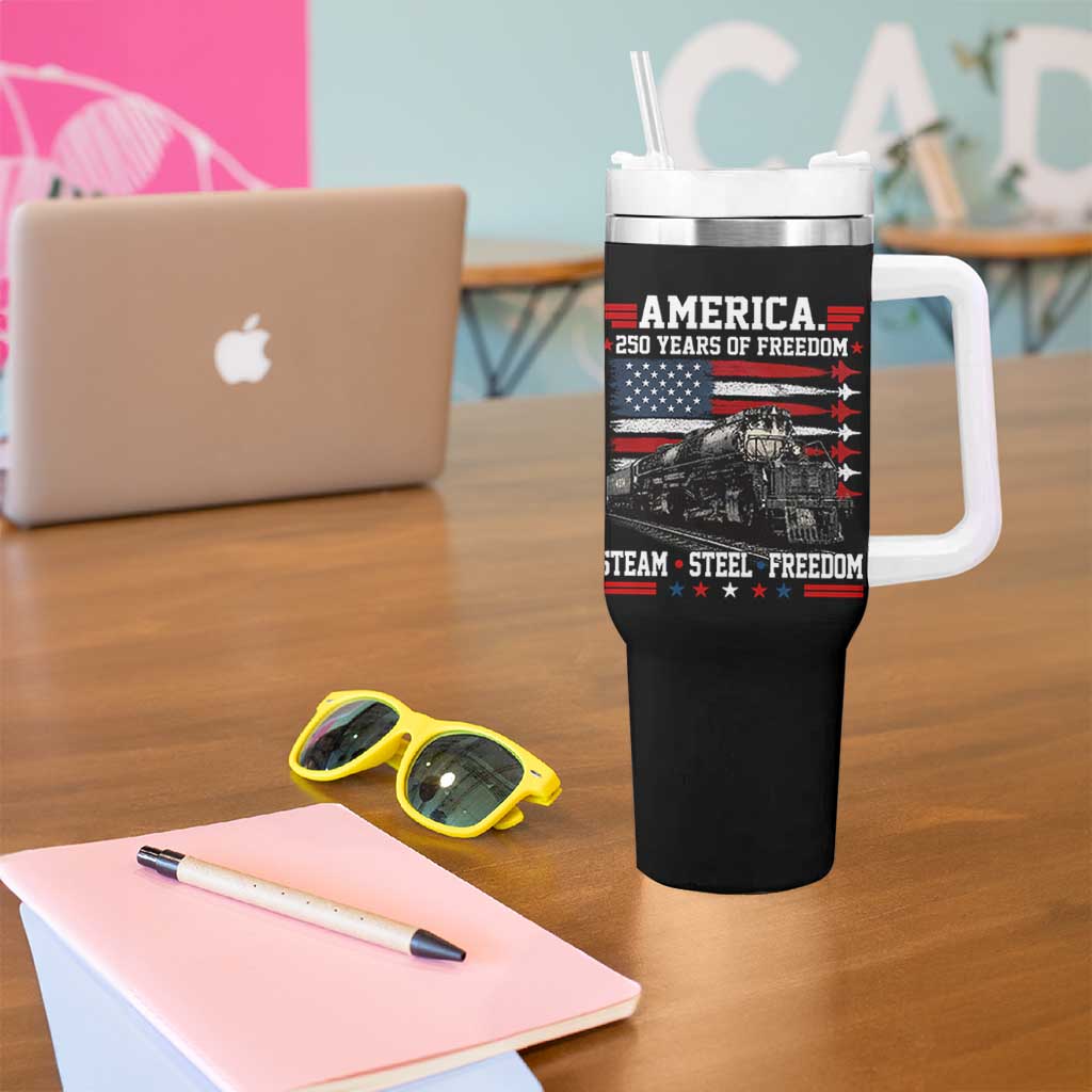 Steam Steel Freedom Stainless American Spirit Tumbler With Handle 250 Years USA Railroad Legend Patriotic Military Jet Flyover Graphic
