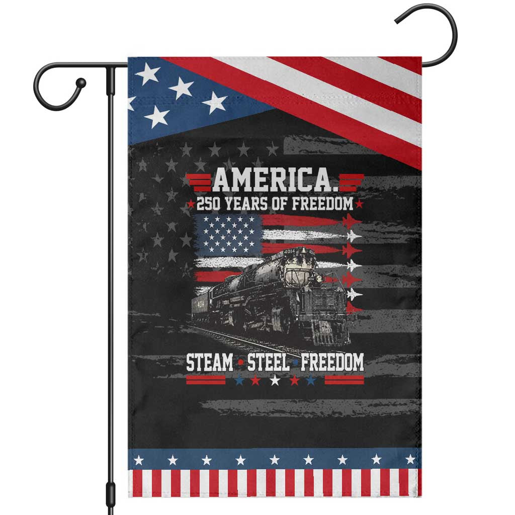 Steam Steel Freedom Stainless American Spirit Patriotic Garden Flag 250 Years USA Railroad Legend Military Jet Flyover Graphic