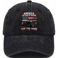 Steam Steel Freedom Stainless American Spirit Washed Cotton Baseball Cap 250 Years USA Railroad Legend Patriotic Military Jet Flyover Graphic