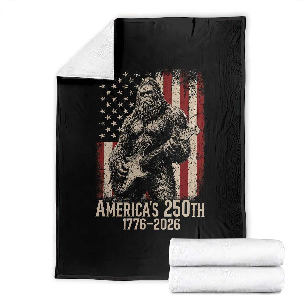 Americas 250th Anniversary 1776-2026 Bigfoot Rock Star Throw Blanket Playing Electric Guitar Distressed American Flag Graphic